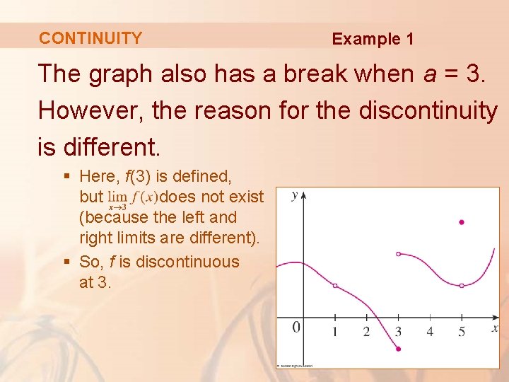 CONTINUITY Example 1 The graph also has a break when a = 3. However,