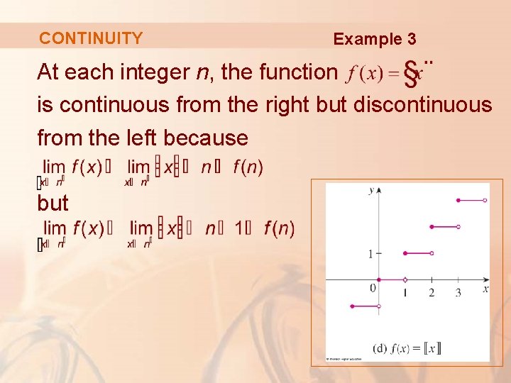 CONTINUITY Example 3 At each integer n, the function is continuous from the right