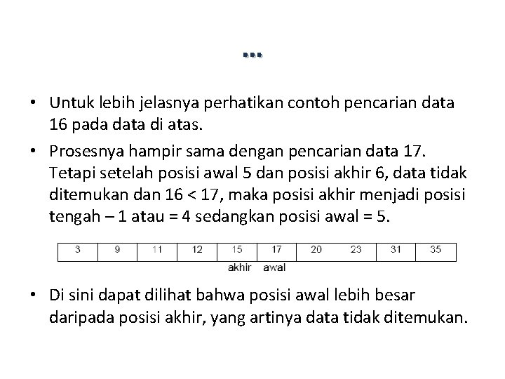 … • Untuk lebih jelasnya perhatikan contoh pencarian data 16 pada data di atas.