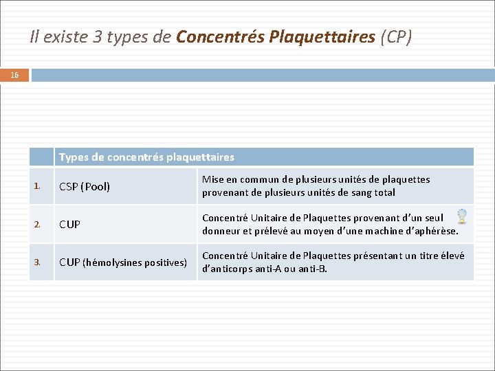 Il existe 3 types de Concentrés Plaquettaires (CP) 16 Types de concentrés plaquettaires 1.