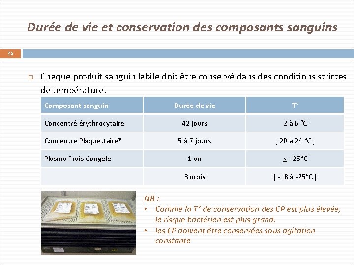 Durée de vie et conservation des composants sanguins 26 Chaque produit sanguin labile doit