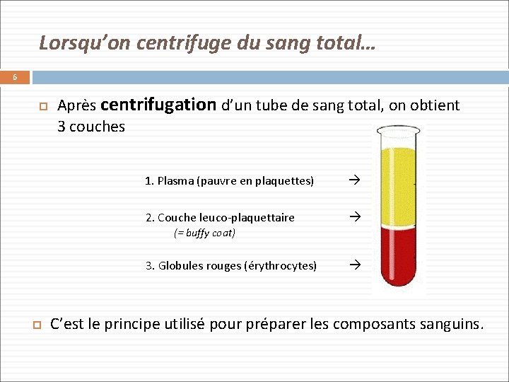 Lorsqu’on centrifuge du sang total… 6 Après centrifugation d’un tube de sang total, on