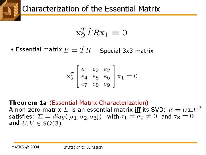 Characterization of the Essential Matrix • Essential matrix Special 3 x 3 matrix Theorem