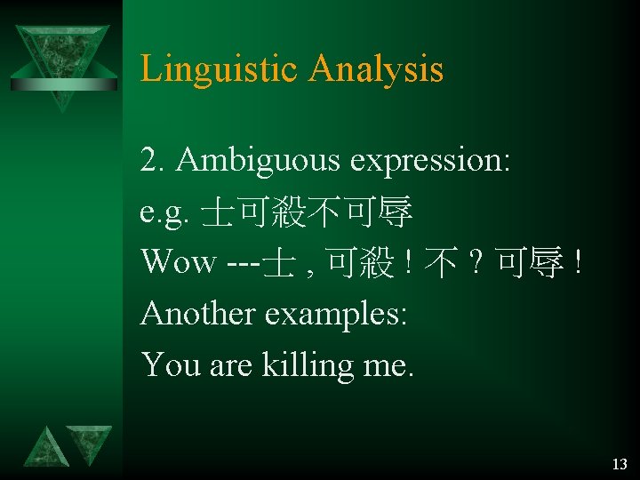 Linguistic Analysis 2. Ambiguous expression: e. g. 士可殺不可辱 Wow ---士 , 可殺 ! 不 Linguistic Analysis 2. Ambiguous expression: e. g. 士可殺不可辱 Wow ---士 , 可殺 ! 不