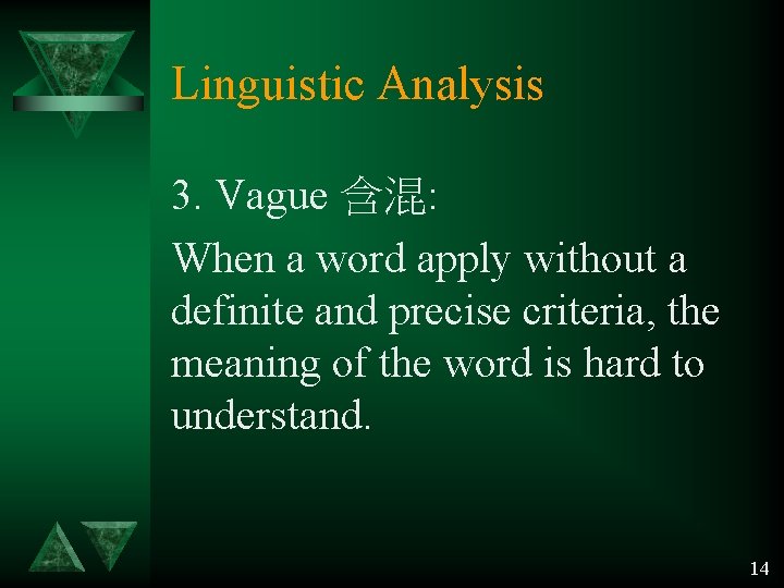Linguistic Analysis 3. Vague 含混: When a word apply without a definite and precise Linguistic Analysis 3. Vague 含混: When a word apply without a definite and precise