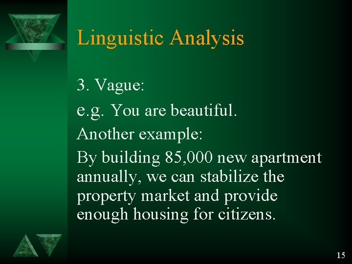 Linguistic Analysis 3. Vague: e. g. You are beautiful. Another example: By building 85, Linguistic Analysis 3. Vague: e. g. You are beautiful. Another example: By building 85,
