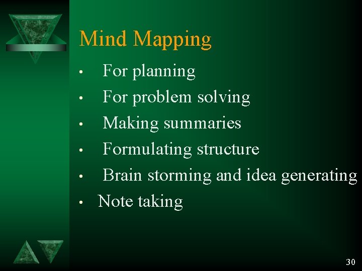 Mind Mapping • • • For planning For problem solving Making summaries Formulating structure Mind Mapping • • • For planning For problem solving Making summaries Formulating structure