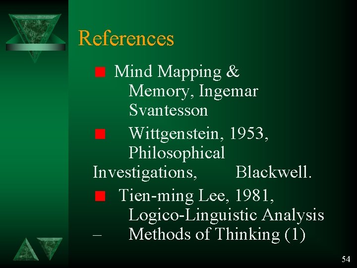 References Mind Mapping & Memory, Ingemar Svantesson Wittgenstein, 1953, Philosophical Investigations, Blackwell. Tien-ming Lee, References Mind Mapping & Memory, Ingemar Svantesson Wittgenstein, 1953, Philosophical Investigations, Blackwell. Tien-ming Lee,