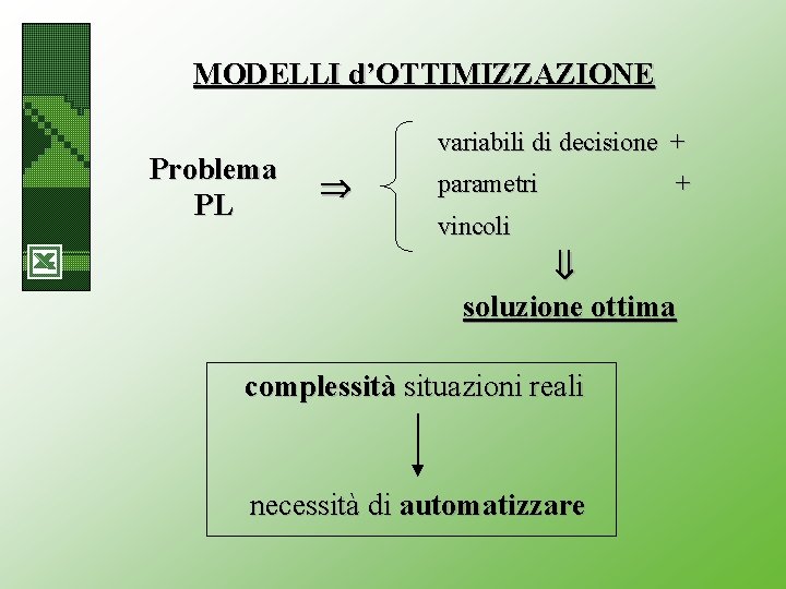 MODELLI d’OTTIMIZZAZIONE Problema PL variabili di decisione + parametri + vincoli soluzione ottima complessità