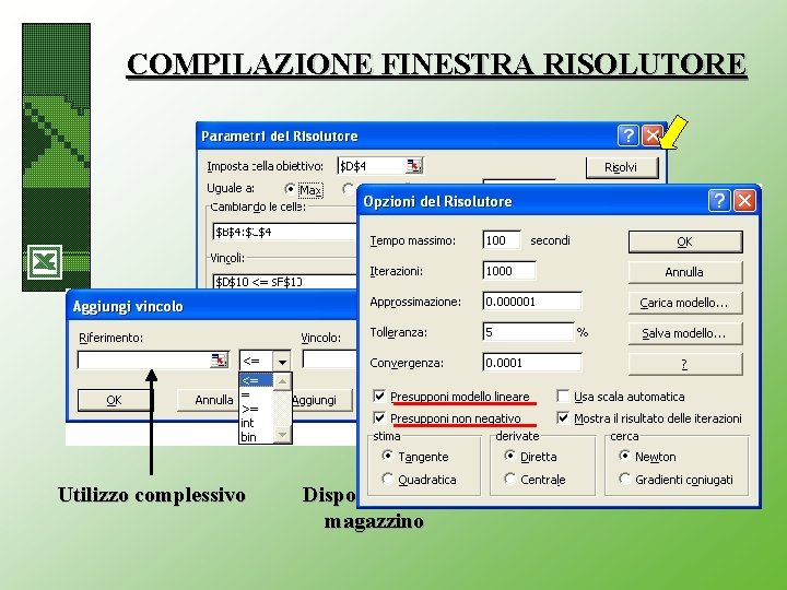 COMPILAZIONE FINESTRA RISOLUTORE Utilizzo complessivo Disponibilità di magazzino 