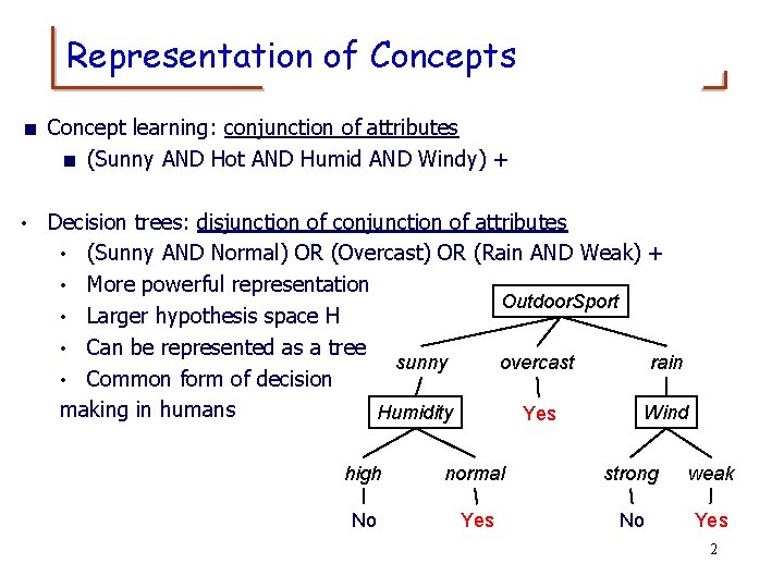 Representation of Concepts < Concept learning: conjunction of attributes < (Sunny AND Hot AND