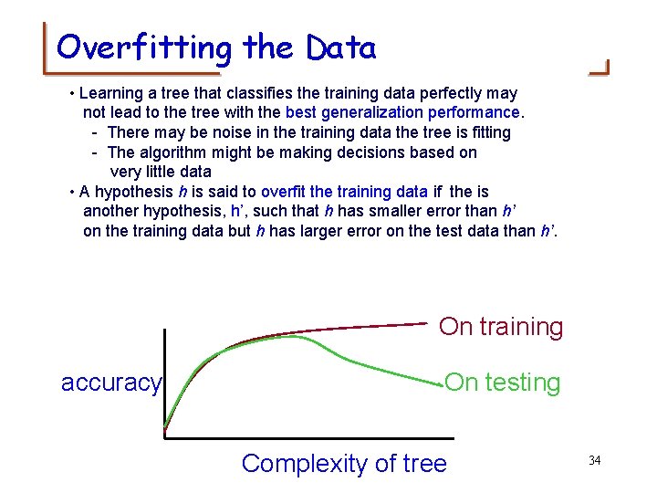 Overfitting the Data • Learning a tree that classifies the training data perfectly may