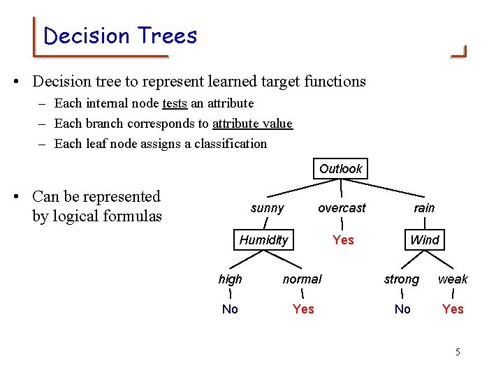 Decision Trees • Decision tree to represent learned target functions – Each internal node