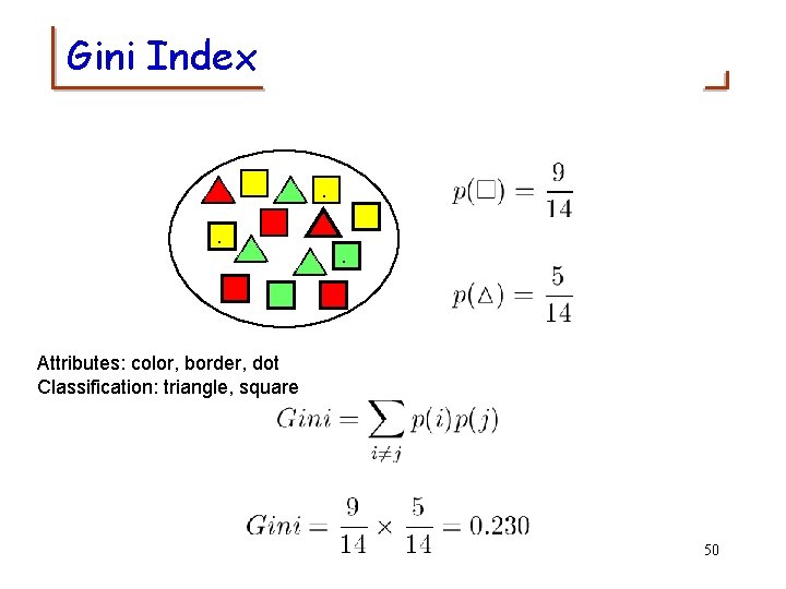 Gini Index . . . Attributes: color, border, dot Classification: triangle, square 50 