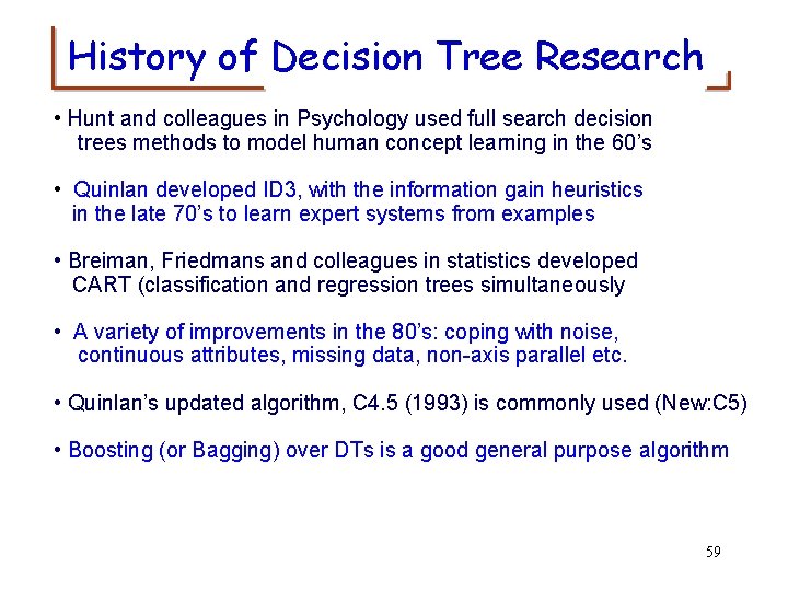 History of Decision Tree Research • Hunt and colleagues in Psychology used full search