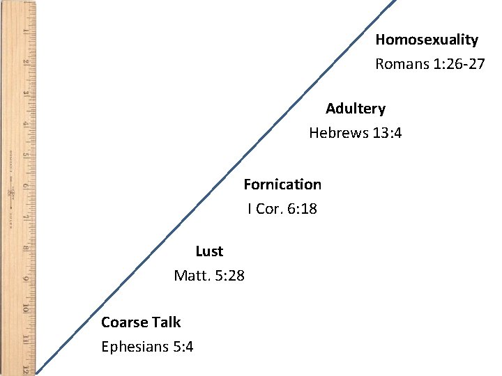 Homosexuality Romans 1: 26 -27 Adultery Hebrews 13: 4 Fornication I Cor. 6: 18