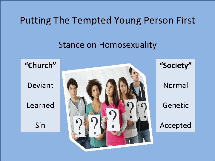 Putting The Tempted Young Person First Stance on Homosexuality “Church” “Society” Deviant Normal Learned