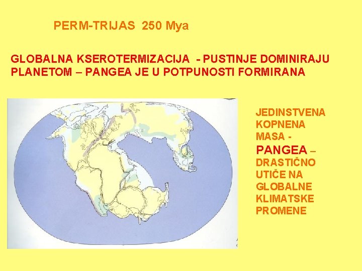 PERM-TRIJAS 250 Mya GLOBALNA KSEROTERMIZACIJA - PUSTINJE DOMINIRAJU PLANETOM – PANGEA JE U POTPUNOSTI