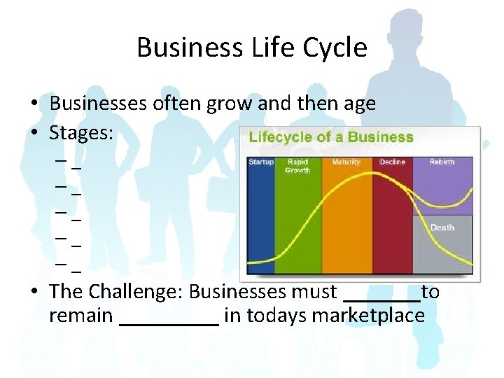 Business Life Cycle • Businesses often grow and then age • Stages: –_ –_