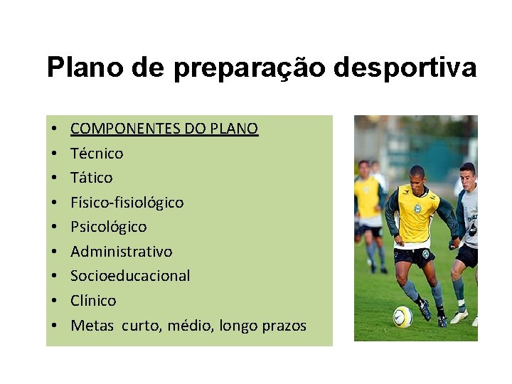 Plano de preparação desportiva • • • COMPONENTES DO PLANO Técnico Tático Físico-fisiológico Psicológico