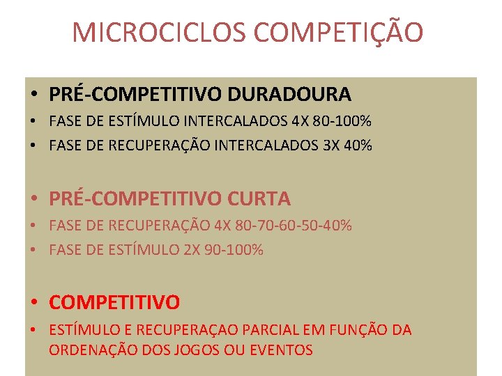 MICROCICLOS COMPETIÇÃO • PRÉ-COMPETITIVO DURADOURA • FASE DE ESTÍMULO INTERCALADOS 4 X 80 -100%