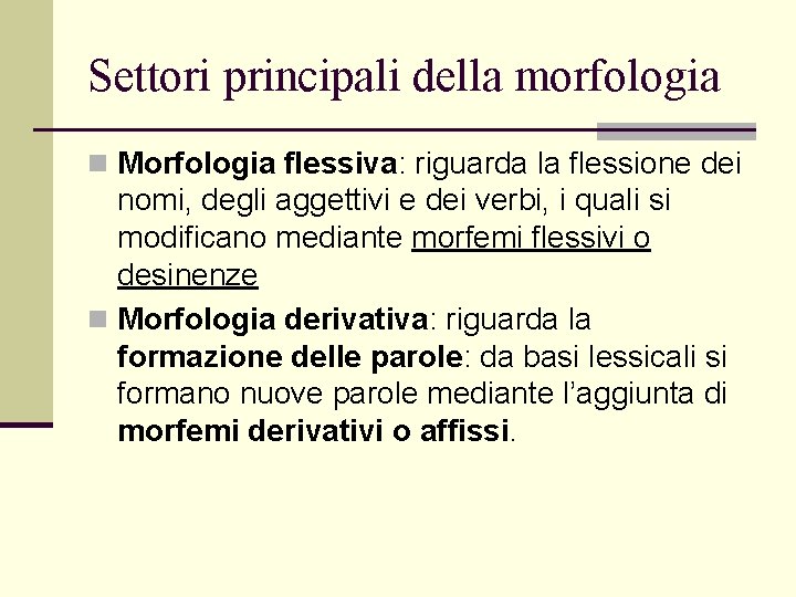 Settori principali della morfologia n Morfologia flessiva: riguarda la flessione dei nomi, degli aggettivi