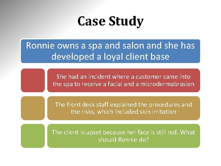 Case Study Ronnie owns a spa and salon and she has developed a loyal