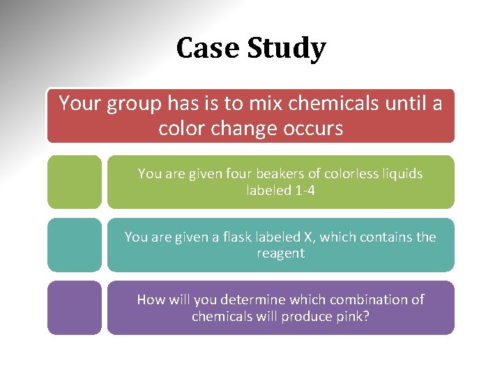 Case Study Your group has is to mix chemicals until a color change occurs