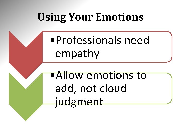 Using Your Emotions • Professionals need empathy • Allow emotions to add, not cloud