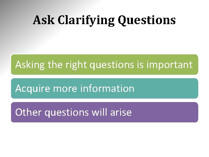 Ask Clarifying Questions Asking the right questions is important Acquire more information Other questions