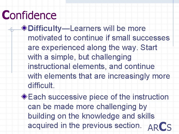 Confidence Difficulty—Learners will be more motivated to continue if small successes are experienced along