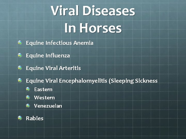 Viral Diseases In Horses Equine Infectious Anemia Equine Influenza Equine Viral Arteritis Equine Viral