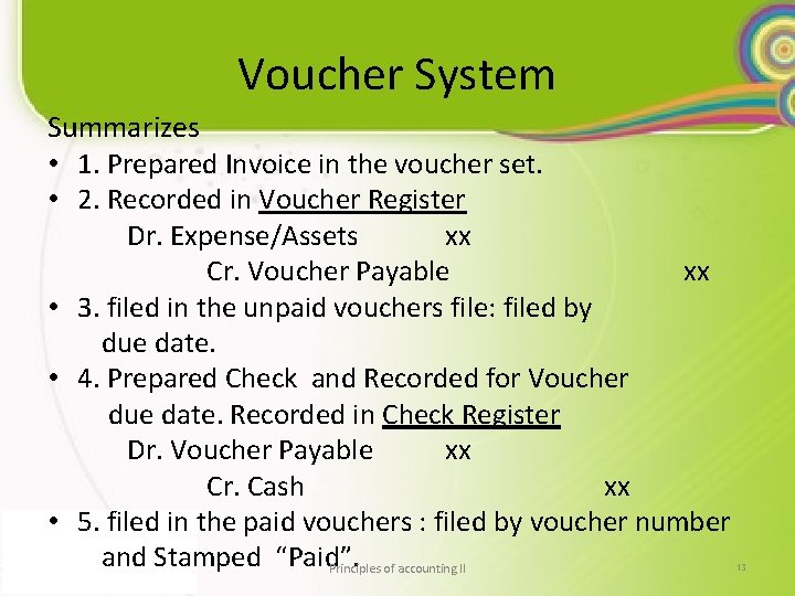 Voucher System Summarizes • 1. Prepared Invoice in the voucher set. • 2. Recorded