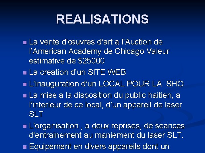 REALISATIONS La vente d’œuvres d’art a l’Auction de l’American Academy de Chicago Valeur estimative REALISATIONS La vente d’œuvres d’art a l’Auction de l’American Academy de Chicago Valeur estimative