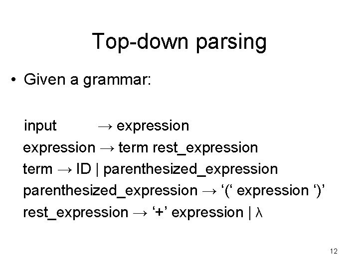 Top-down parsing • Given a grammar: input → expression → term rest_expression term →