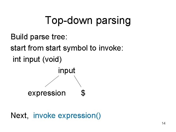 Top-down parsing Build parse tree: start from start symbol to invoke: int input (void)