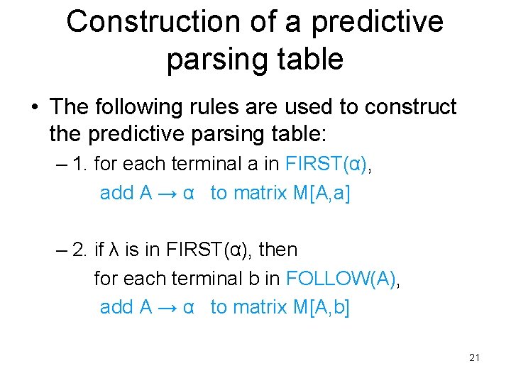 Construction of a predictive parsing table • The following rules are used to construct