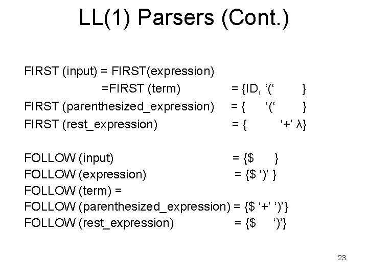 LL(1) Parsers (Cont. ) FIRST (input) = FIRST(expression) =FIRST (term) FIRST (parenthesized_expression) FIRST (rest_expression)