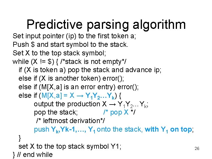 Predictive parsing algorithm Set input pointer (ip) to the first token a; Push $