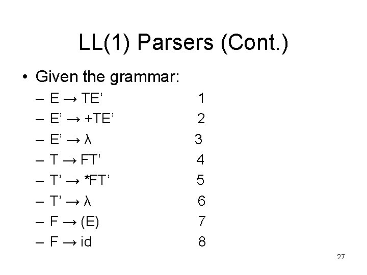 LL(1) Parsers (Cont. ) • Given the grammar: – – – – E →