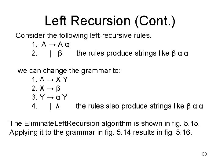 Left Recursion (Cont. ) Consider the following left-recursive rules. 1. A → A α