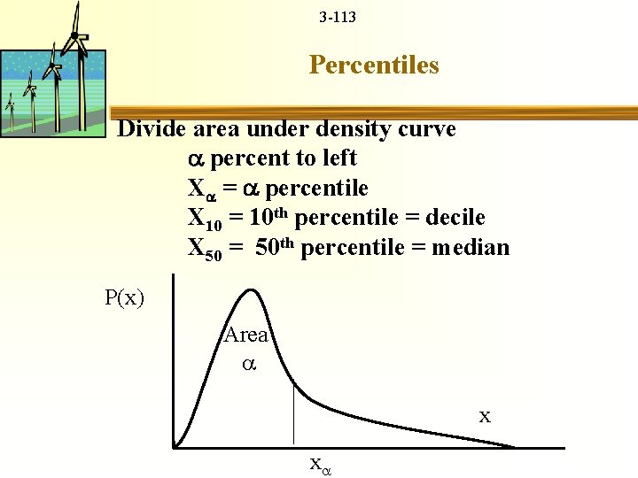 3 -113 Percentiles Divide area under density curve percent to left X = percentile