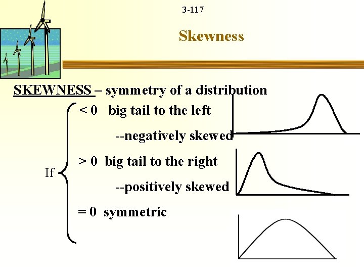 3 -117 Skewness SKEWNESS – symmetry of a distribution < 0 big tail to