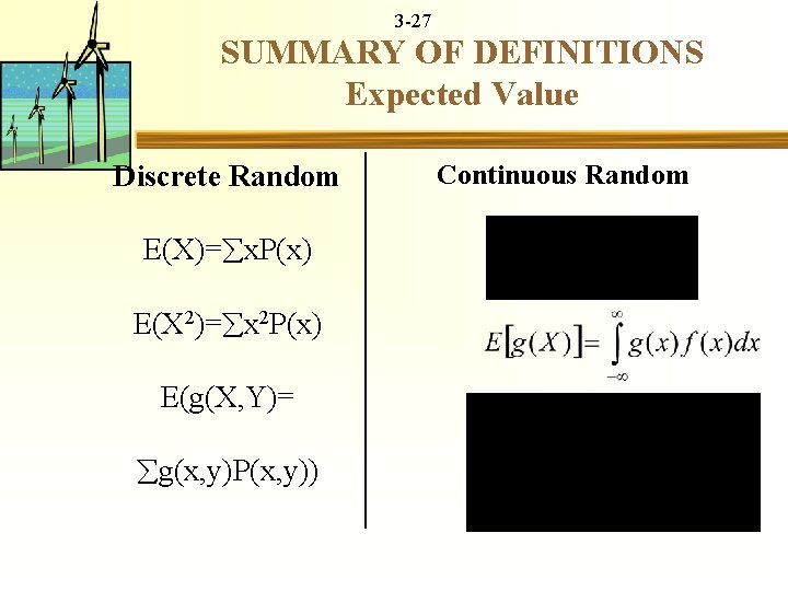  3 -27 SUMMARY OF DEFINITIONS Expected Value Discrete Random Continuous Random E(X)= x.