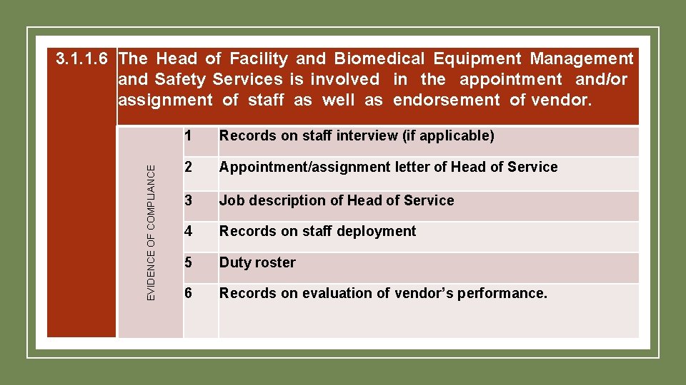 EVIDENCE OF COMPLIANCE 3. 1. 1. 6 The Head of Facility and Biomedical Equipment EVIDENCE OF COMPLIANCE 3. 1. 1. 6 The Head of Facility and Biomedical Equipment