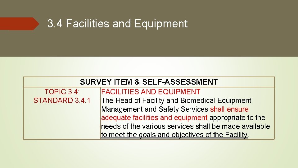 3. 4 Facilities and Equipment SURVEY ITEM & SELF-ASSESSMENT TOPIC 3. 4: STANDARD 3. 3. 4 Facilities and Equipment SURVEY ITEM & SELF-ASSESSMENT TOPIC 3. 4: STANDARD 3.