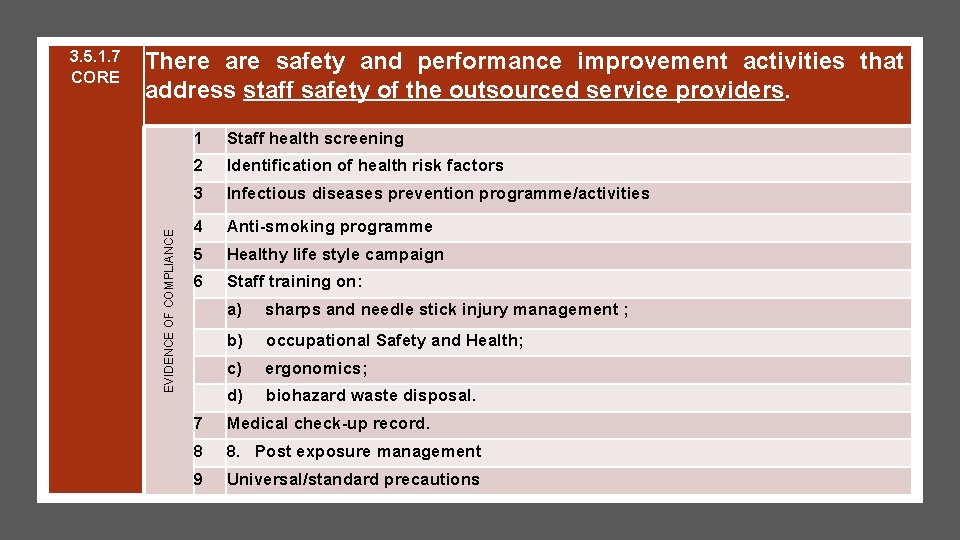 There are safety and performance improvement activities that address staff safety of the outsourced There are safety and performance improvement activities that address staff safety of the outsourced