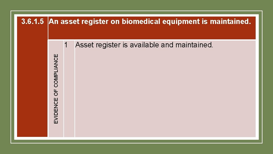 3. 6. 1. 5 An asset register on biomedical equipment is maintained. EVIDENCE OF 3. 6. 1. 5 An asset register on biomedical equipment is maintained. EVIDENCE OF