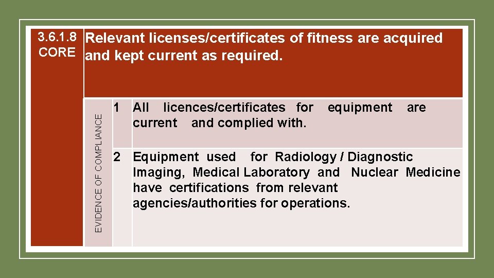 EVIDENCE OF COMPLIANCE 3. 6. 1. 8 Relevant licenses/certificates of fitness are acquired CORE EVIDENCE OF COMPLIANCE 3. 6. 1. 8 Relevant licenses/certificates of fitness are acquired CORE