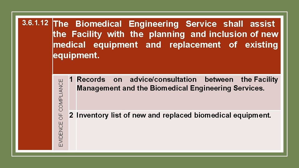 The Biomedical Engineering Service shall assist the Facility with the planning and inclusion of The Biomedical Engineering Service shall assist the Facility with the planning and inclusion of